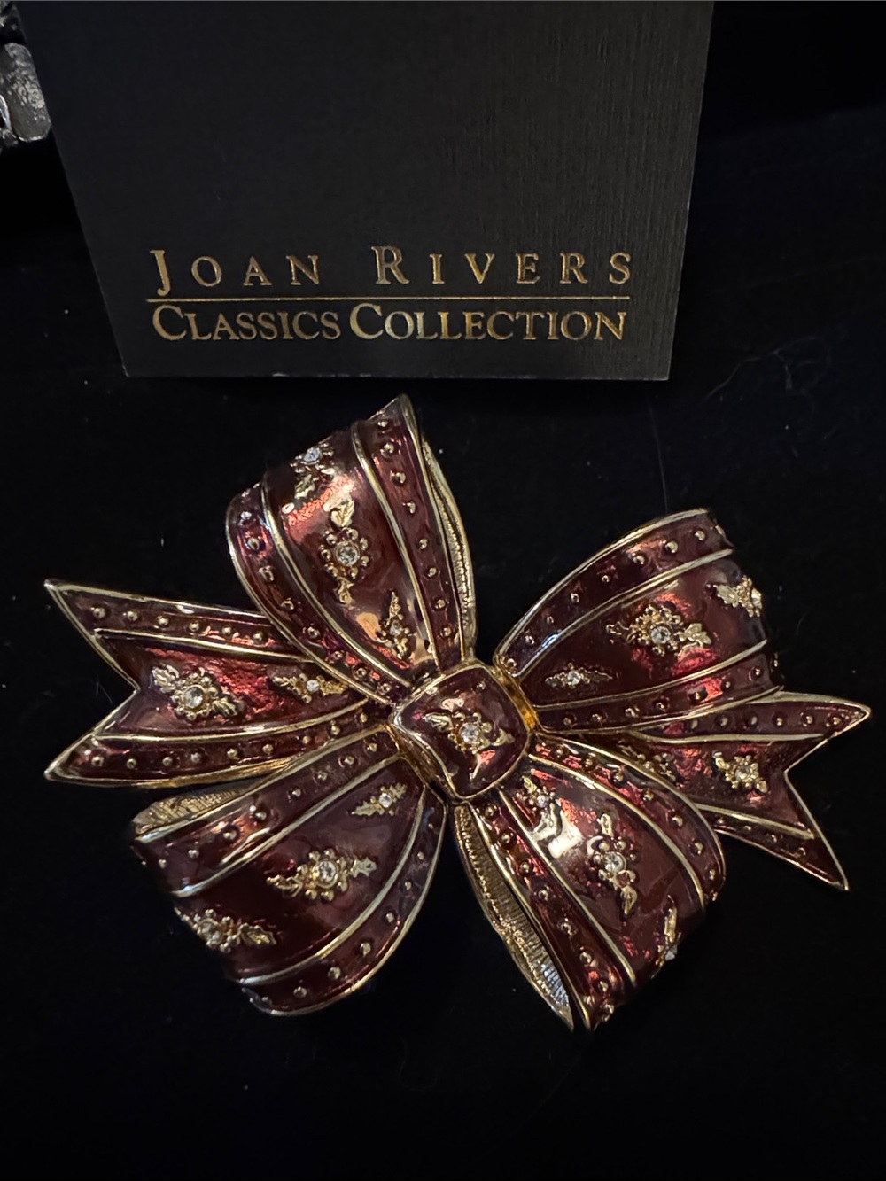Joan Rivers Burgundy and Gold Bow Brooch